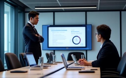 ノートパソコンを広げた会議室のビジネスパーソン